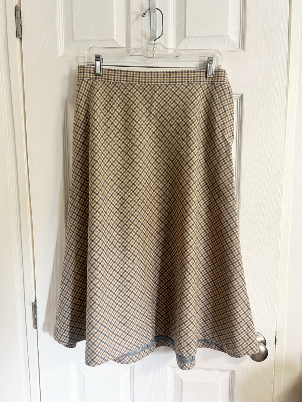 Vintage Wool Beige and Gray A-Line Plaid Skirt